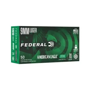 Federal American Eagle Indoor Range Training Brass 9mm 70 Grain 50-Rounds Lead-Free
